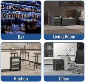 Erivess Compact Freestanding Beverage Refrigerator, perfect for storing soda, beer, and wine with adjustable shelves and reversible glass front door.