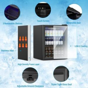 Erivess Compact Freestanding Beverage Refrigerator, perfect for storing soda, beer, and wine with adjustable shelves and reversible glass front door.