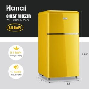 WANAI Compact Refrigerator, 3.2 Cu.Ft Retro Mini Fridge with Freezer, Dual Door, LED Lights, Removable Shelves