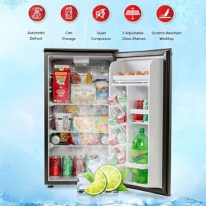Roomwell E-Star 3.3 Cu Ft Mini Fridge - Auto Defrost, Reversible Door, Glass Shelf Refrigerator for Bedroom, Dorm, and Office