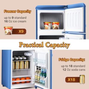 HOPDAY Retro Fridge With Freezer 3.2 Cu. Ft Refrigerator in Blue with Glass Shelves