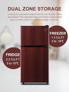 Oditton Mini Fridge with Freezer in wood grain color, perfect for small spaces like offices and dorm rooms.
