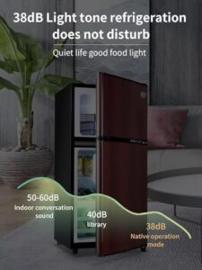 Oditton Mini Fridge with Freezer in wood grain color, perfect for small spaces like offices and dorm rooms.