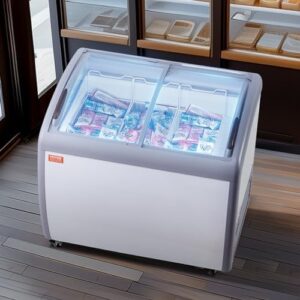 VEVOR Commercial Ice Cream Display Case with sliding glass doors and locking casters, perfect for displaying ice cream and gelato.
