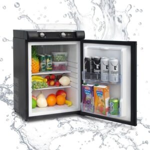 Techomey Small Propane Fridge for Camper 2.1 CuFt, black compact fridge for vehicles, motorhomes, and garages