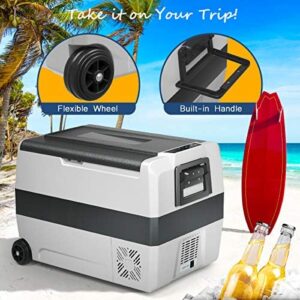 Costway Car Refrigerator with Wheels, 53-Quart Electric Cooler with Dual-Temperature Zones, Portable for Camping