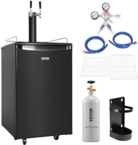 VEVOR Beer Kegerator, Dual Tap Draft Beer Dispenser, Full Size Keg Refrigerator with Shelves, CO2 Cylinder, Drip Tray & Rail, 32°F- 50°F Temperature Control, Holds 1/6, 1/4, 1/2 Barrels, Black