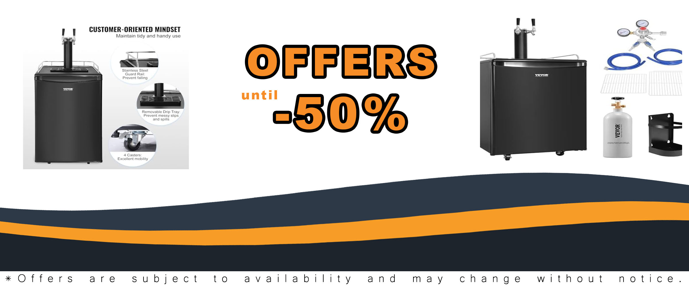 VEVOR Beer Kegerator, Dual Tap Draft Beer Dispenser, Full Size Keg Refrigerator with Shelves, CO2 Cylinder, Drip Tray & Rail, 32°F- 50°F Temperature Control, Holds 1/6, 1/4, 1/2 Barrels, Black