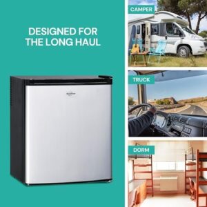 Koolatron Stainless Steel Compact Fridge with Freezer, 1.6 Cubic Feet (44 L) Capacity, Silver and Black, for Snacks, Frozen Meals, Beverages, Juice, Beer, Den, Dorm, Office, Games Room, or RV