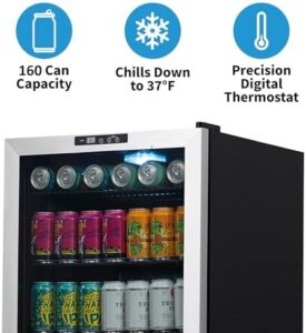 NewAir Beverage Refrigerator 160 Cans, Free Standing Cooler with Glass Door, Cools Down To 37 Degrees, Perfect Beverage Mini Fridge Organizer For Beer, Wine, & Drinks
