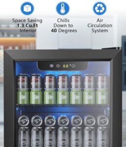 Joy Pebble Beverage Refrigerator Cooler - 1.3 Cu.Ft Mini Fridge Glass Door for Beer Drinks Wines,48 Can Freestanding beverage fridge Small Drink Dispenser with Adjustable Shelving for Home and Office