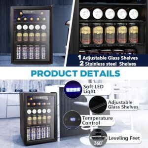 Electactic - 95 Can Refrigerator, 2.6 Cubic Feet Mini Fridge for Glass Door for Beer, Soda, Wine, Digital Temperature Control for Home Office Bar