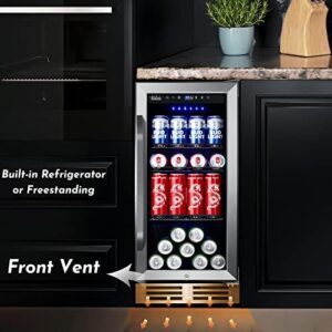 15'' Beverage Refrigerator and Beer Fridge Under Counter Built-in or Freestanding,127 Cans Beverage Cooler with Glass Door and Lock for Bottles and Cans Beer/Soda/Water/Wine