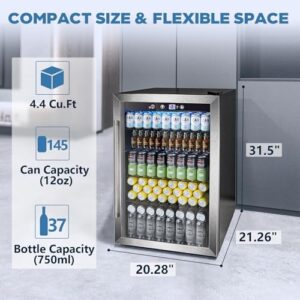 Joy Pebble Beverage Refrigerator Cooler 4.4 Cu.Ft,145 Can Mini Fridge with Glass Door for Beer Drinks Wines,Freestanding beverage fridge with Adjustable Shelving