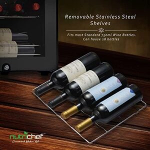 NutriChef Wine Fridge, 28 Bottle Wine Cooler Refrigerator, Large Freestanding Wine Cellar Fridge, Red, White & Sparkling Wine Chiller, Digital Temp. Control, Airtight Glass Door, Black-Home Bar Office