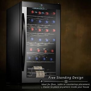 NutriChef Wine Fridge, 28 Bottle Wine Cooler Refrigerator, Large Freestanding Wine Cellar Fridge, Red, White & Sparkling Wine Chiller, Digital Temp. Control, Airtight Glass Door, Black-Home Bar Office