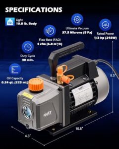 Orion Motor Tech AC Vacuum Pump and Gauge Set, 1/3 hp 4 cfm Vacuum Pump Manifold Gauge Kit with Leak Detector 4 Hoses & Accessories for R134a R22 R410a, A/C Vacuum Pump Kit for Auto HVAC Systems