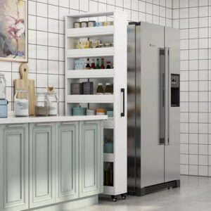 White,Large,WEIDPHL Slim Storage Cart, Kitchen Rolling Cart, Narrow Storage Cabinet with Handle & Wheels, Wood Spice Rack Next to Fridge, Pantry Shelf for Kitchen, Small Spaces
