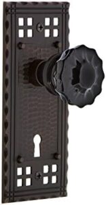 Nostalgic Warehouse 727464 Craftsman Plate Interior Mortise Crystal Black Glass Door Knob in Timeless Bronze
