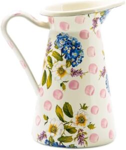 MACKENZIE-CHILDS Practical Enamel Pitcher with Spout, Drink Pitcher for Iced Tea or Water, Flower Vase, Medium, Pink Wildflowers