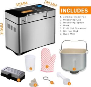 KBS Large 17-in-1 Bread Machine with stainless steel design, auto fruit nut dispenser, and nonstick ceramic pan.  