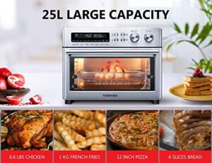 TOSHIBA WTU-A25ASS Toaster Oven Air Fryer, 10-in-1 cooking function, stainless steel, LED display, countertop convection oven with 6 heating elements and 5 accessories.  