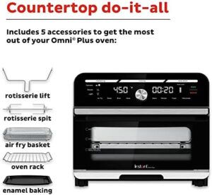 Instant Omni Plus 19 QT/18L Air Fryer Toaster Oven Combo in stainless steel with digital controls, a spacious interior, and EvenCrisp technology.  