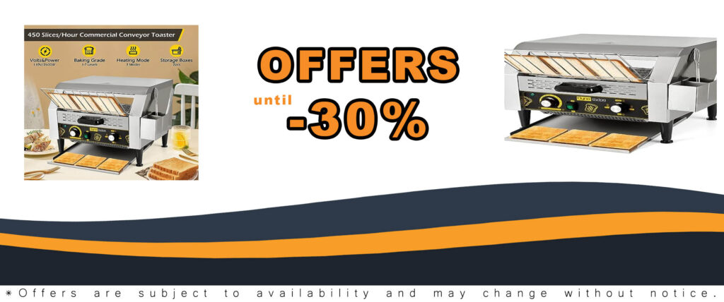 Dyna-Living Commercial Toaster with stainless steel design, capable of toasting 450 slices per hour, ideal for restaurants and cafes.