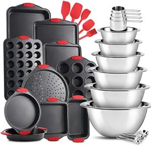EatEx Nonstick Carbon Steel Bakeware Set with silicone handles, including baking pans, cookie sheets, cake loaf, muffin tin, and bread pan in black and stainless finish.  