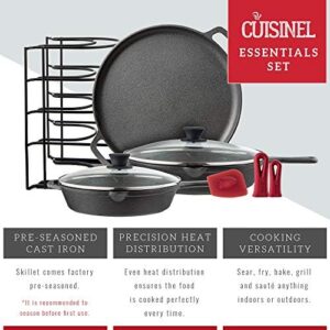 Pre-seasoned cast iron cookware set with skillets, glass lids, pizza pan, pan rack organizer, silicone handle covers, and scraper/cleaner.  