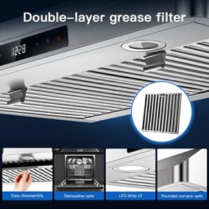 AMZCHEF Under Cabinet Range Hood 30 Inch with 700CFM exhaust fan, stainless steel design, touch and remote control, LED lights, and dishwasher-safe baffle filters  