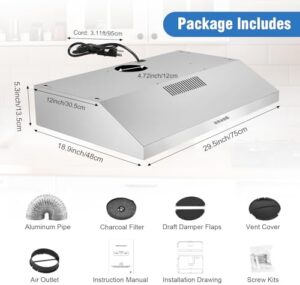GRACEALL 30 Inch Range Hood, a sleek under-cabinet kitchen extractor with ducted and ductless functionality, aluminum filters, and a powerful exhaust fan. 
