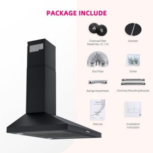 Firegas Wall Mount Range Hood 30 Inch, black stainless steel stove vent hood with 3-speed exhaust fan and aluminum mesh filters  
