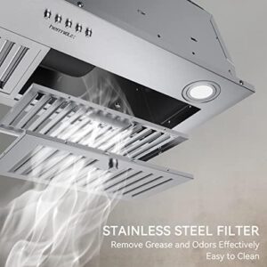 Hermitlux 30-inch stainless steel range hood with bright LED lights and baffle filters for efficient kitchen ventilation 