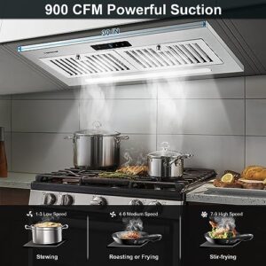 AMZCHEF Range Hood Insert 30 Inch 900 CFM with 9-speed fan, gesture touch control, and LED lighting for efficient kitchen ventilation.  