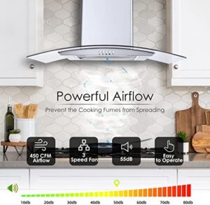 Tieasy Range Hood 30 Inch – Stainless Steel Kitchen Hood with LED Lights and 3-Speed Fan 