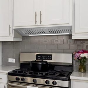FIREGAS Range Hood 30 inch with 600 CFM suction, stainless steel design, LED lights, and baffle filters for a modern kitchen  