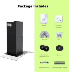 FIREGAS Wall Mount Range Hood 30 inch with black tempered glass, 400CFM airflow, push button controls, LED lighting, and stainless steel filters 