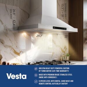 Vesta Brussels 800CFM 30'' Stainless Steel Wall Mounted Range Hood with touch and gesture control, LED lights, and baffle filters  