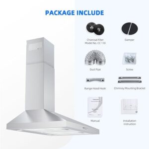 FIREGAS Range Hood 30 Inch, stainless steel wall mount kitchen hood with 450 CFM, three-speed exhaust fan, and ducted/ductless convertible design  