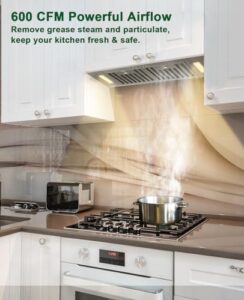 Akicon 30 Inch Range Hood Insert with 600 CFM suction, LED lights, and dishwasher-safe filters for efficient kitchen ventilation 