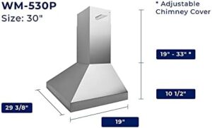 Hauslane Chef Series WM-530 30-inch stainless steel wall mount range hood with strong suction and dishwasher-safe baffle filters  
