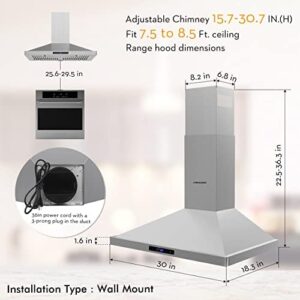 Firegas 30" stainless steel range hood with ducted and ductless options, featuring baffle filters, LED lights, and a 3-speed exhaust fan.  