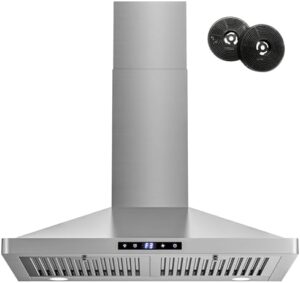 Firegas 30" stainless steel range hood with ducted and ductless options, featuring baffle filters, LED lights, and a 3-speed exhaust fan.  