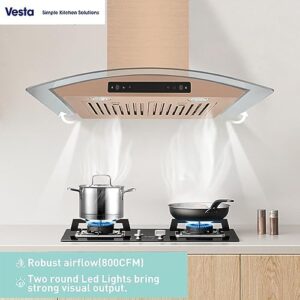 Vesta Amsterdam 800CFM 36'' Gold Stainless Steel Wall Mounted Range Hood with Touch/Gesture Control and LED Lights  