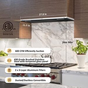 FIREGAS Range Hood Insert 30 inch with gesture sensing, touch control, LED lights, and tempered glass for a modern kitchen setup  
