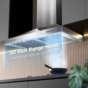 Zomagas Range Hood 30 inch, stainless steel wall mount vent hood with baffle filters and LED lighting  