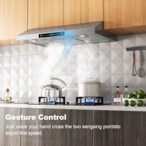 HisoHu 30 Inch Under Cabinet Range Hood with 900-CFM, featuring gesture sensing and touch control panel in stainless steel design. 