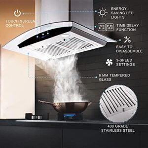 Tieasy 30-Inch Wall Mount Range Hood with Stainless Steel Chimney, Baffle Filters, Touch Control, and LED Lights 