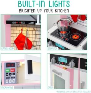 Lil' Jumbl Kids Pink Small Kitchen Set with realistic sound and light, featuring a microwave, stove top, oven, and included cookware. 